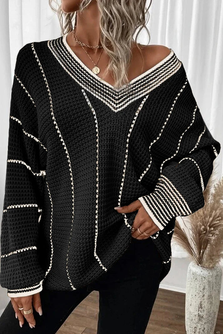 Striped V-Neck Long Sleeve Sweater - The Goddess Galleries