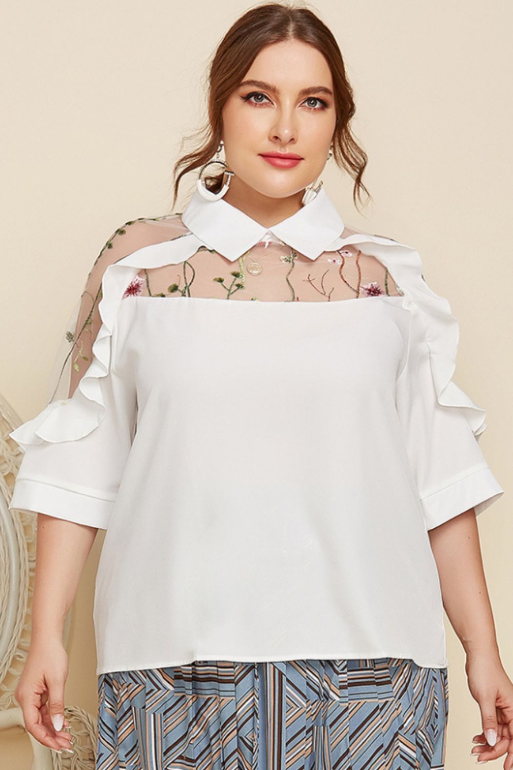 Plus Size Embroidered Ruffle Trim Collared Half Sleeve Blouse - The Goddess Galleries