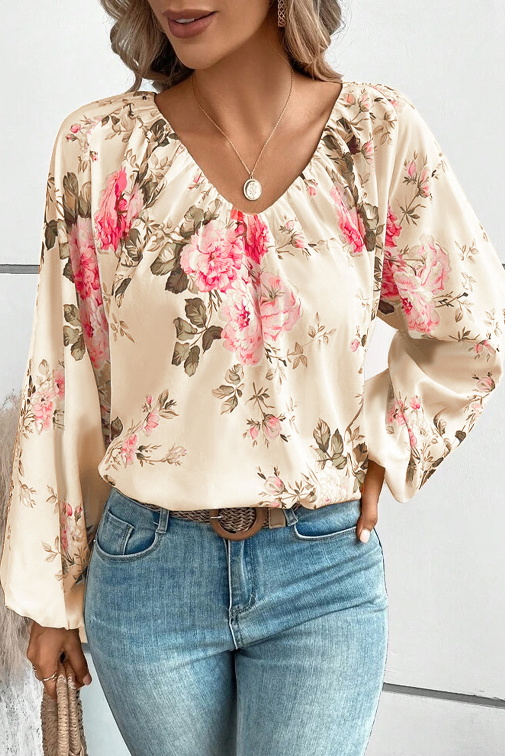 Floral V-Neck Balloon Sleeve Blouse - The Goddess Galleries