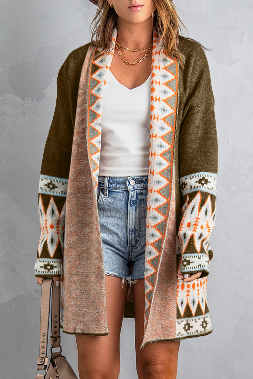 Geometric Open Front Long Sleeve Cardigan - The Goddess Galleries