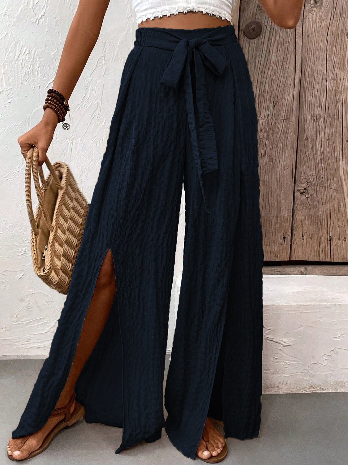 Honey Tied Slit Wide Leg Pants - The Goddess Galleries