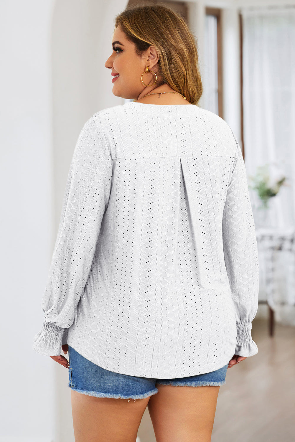 Plus Size Eyelet Notched Flounce Sleeve Blouse - The Goddess Galleries