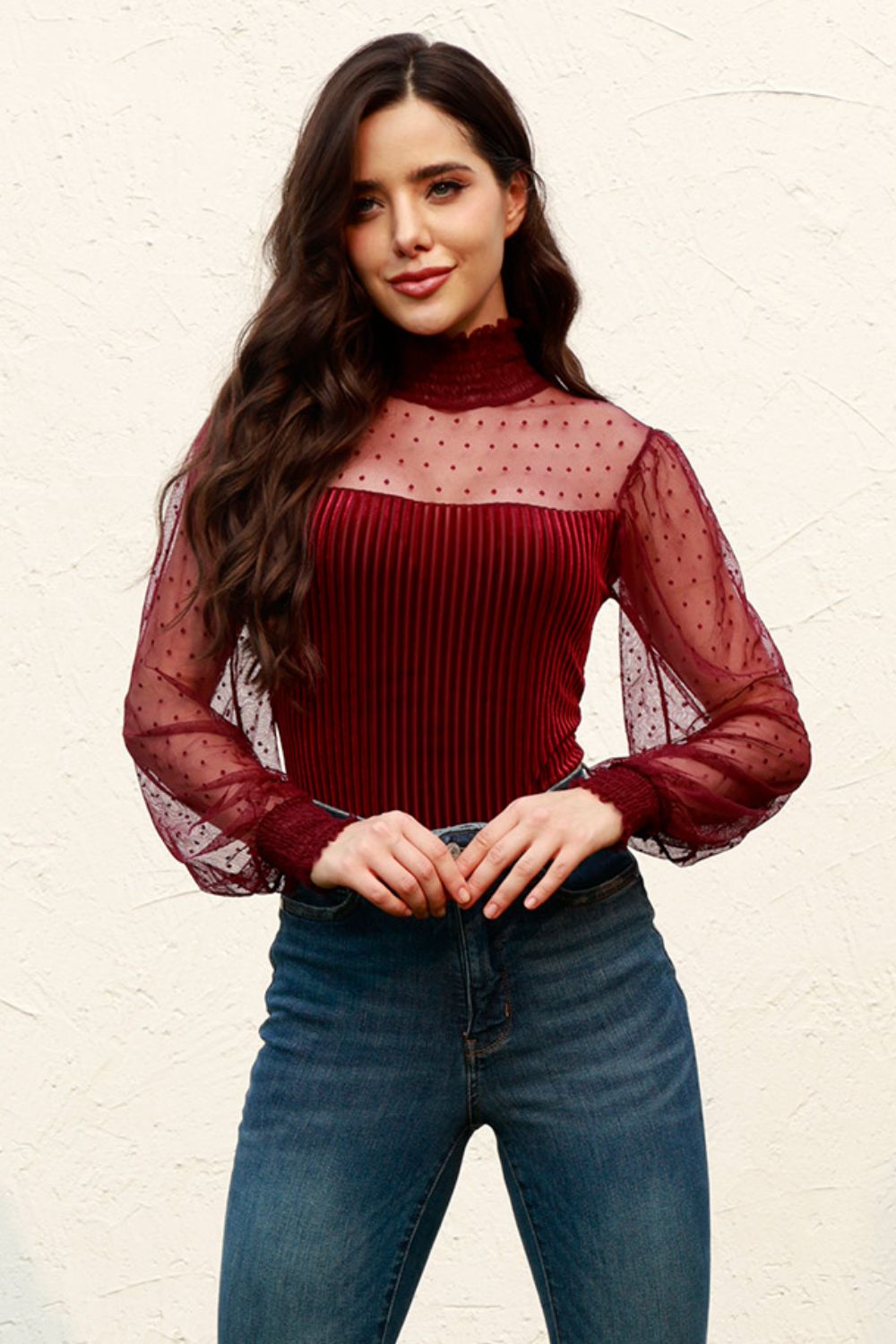 Mesh Long Sleeve Velvet Bodysuit - The Goddess Galleries