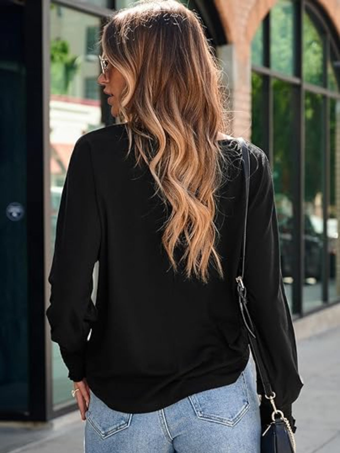 Round Neck Smocked Lantern Sleeve T-Shirt - The Goddess Galleries