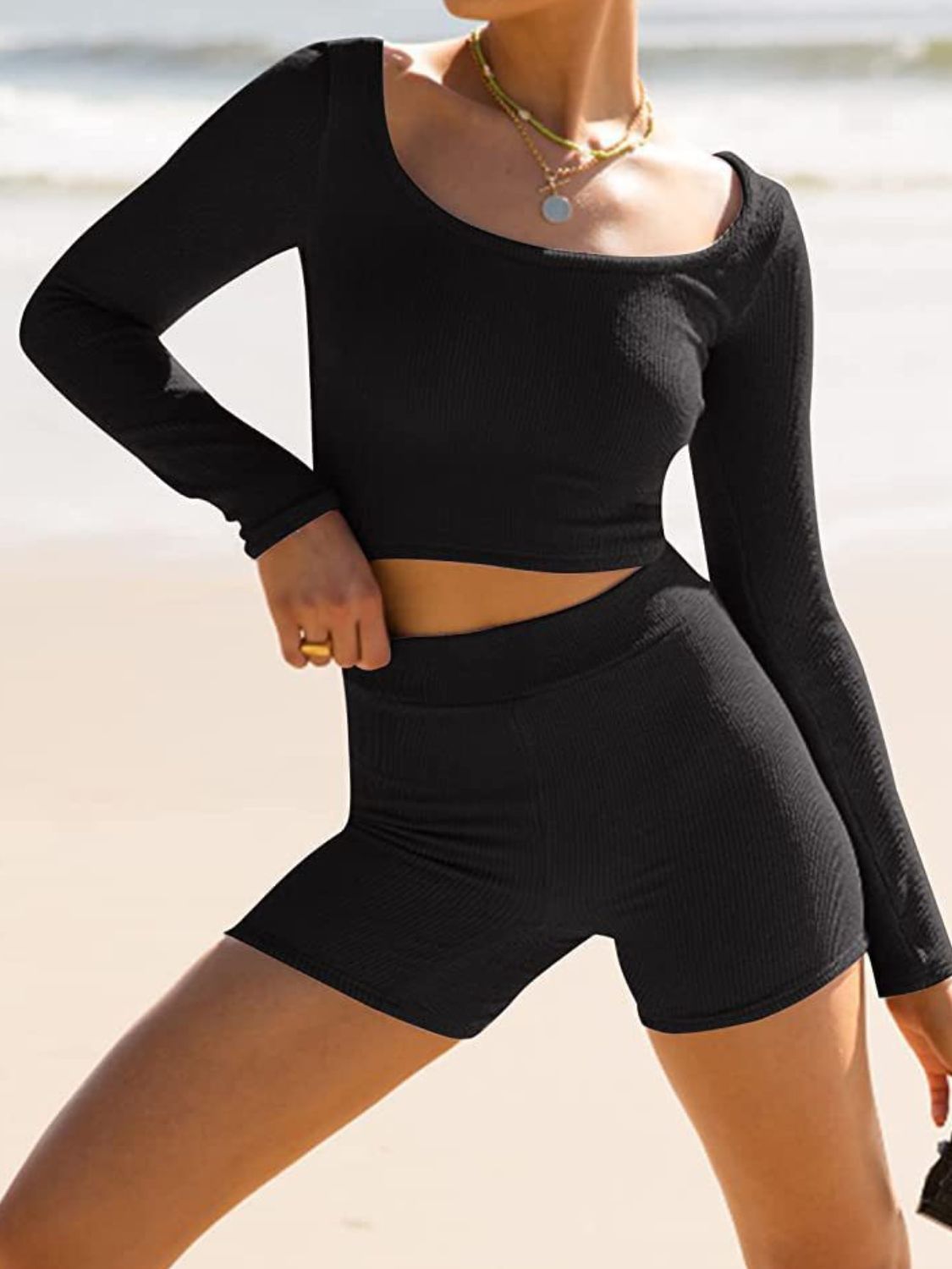 Scoop Neck Long Sleeve Top and Shorts Set - The Goddess Galleries