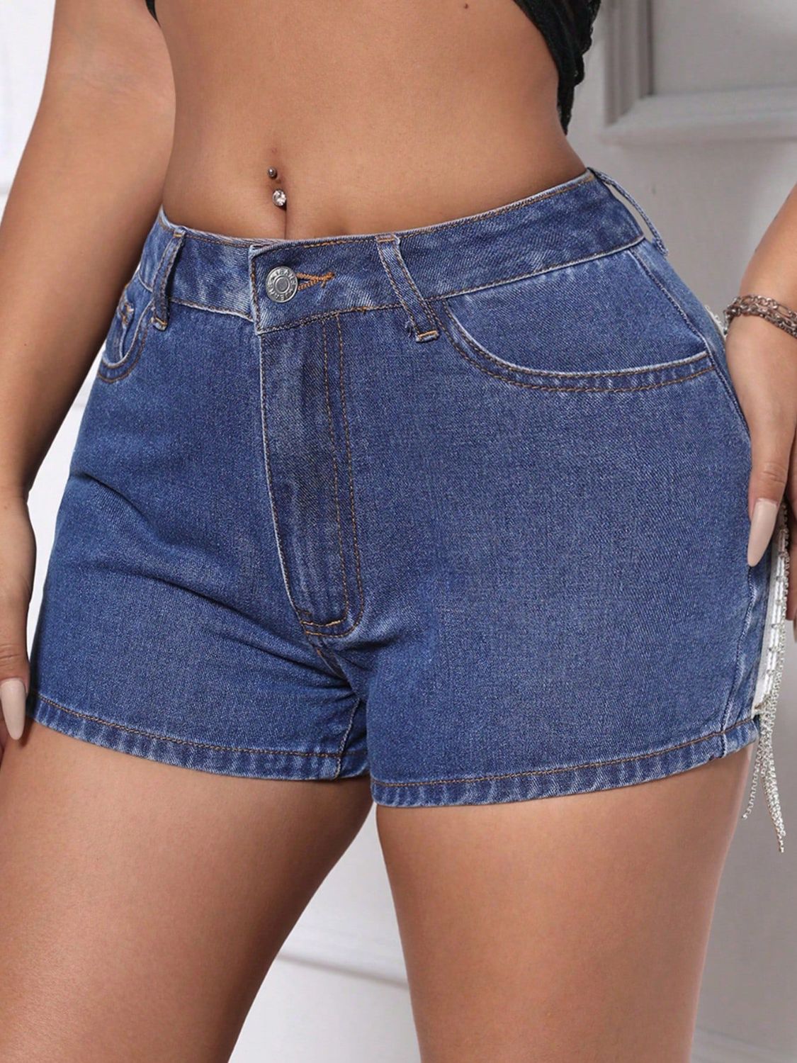Fringe Back Denim Shorts with Pockets - The Goddess Galleries