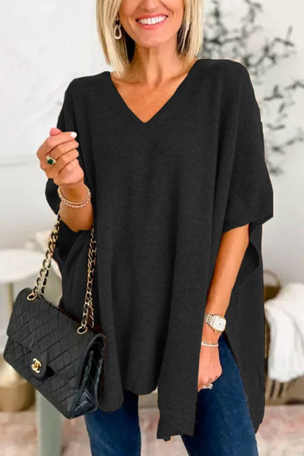 Slit V-Neck Half Sleeve Knit Top - The Goddess Galleries