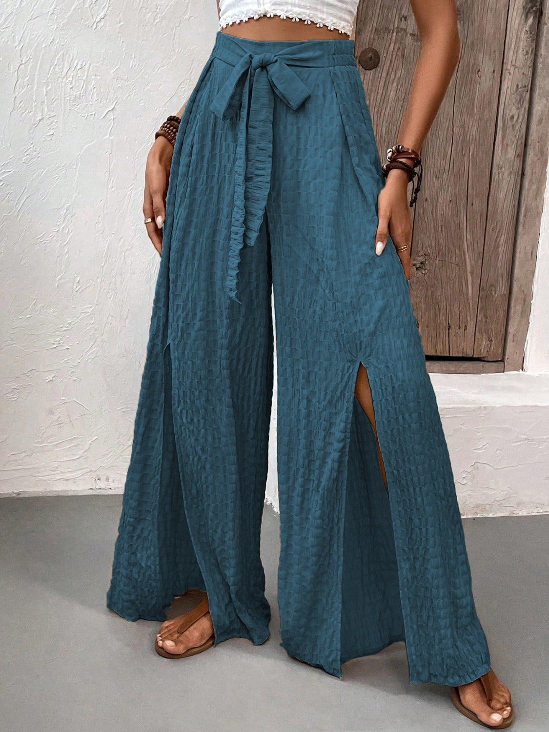 Honey Tied Slit Wide Leg Pants - The Goddess Galleries