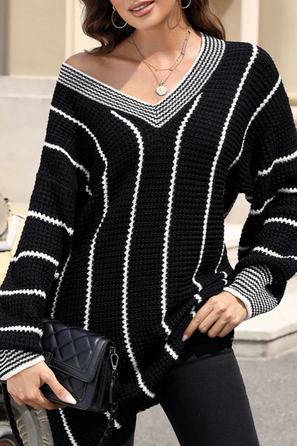 Striped V-Neck Long Sleeve Sweater - The Goddess Galleries