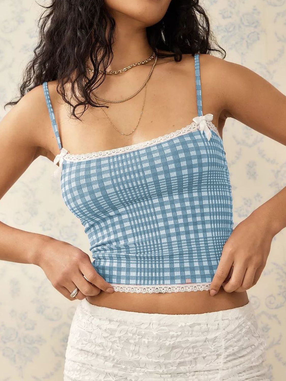 Lace Detail Plaid Square Neck Cami - The Goddess Galleries