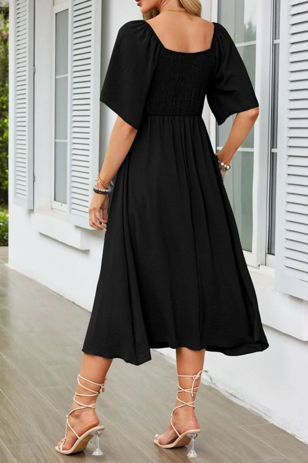 Smocked Tie Front Flutter Sleeve Midi Dress - The Goddess Galleries