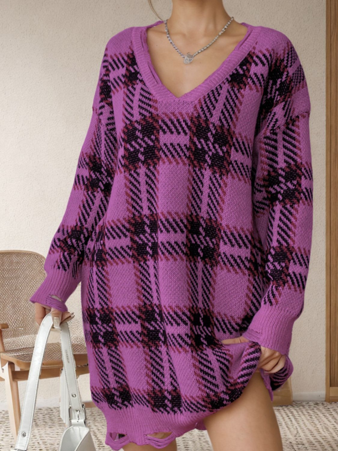 Distressed Plaid V-Neck Long Sleeve Sweater Dress - The Goddess Galleries