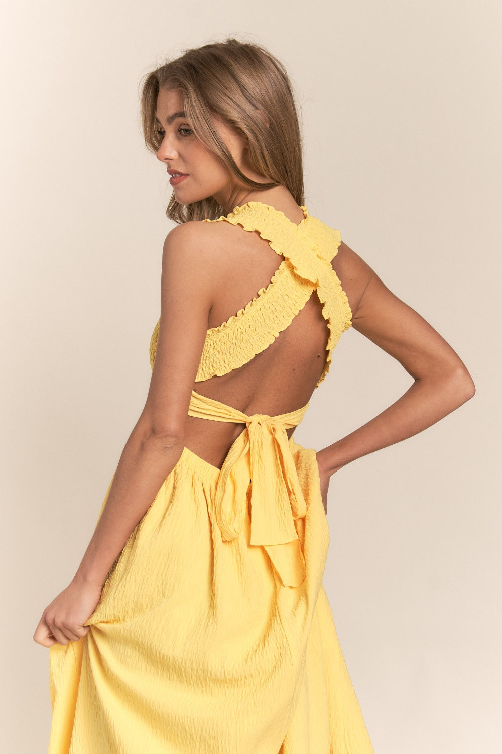 J.NNA Texture Crisscross Back Tie Smocked Maxi Dress - The Goddess Galleries