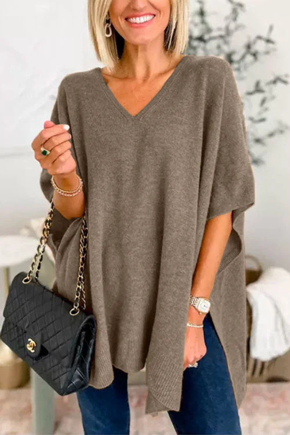 Slit V-Neck Half Sleeve Knit Top - The Goddess Galleries