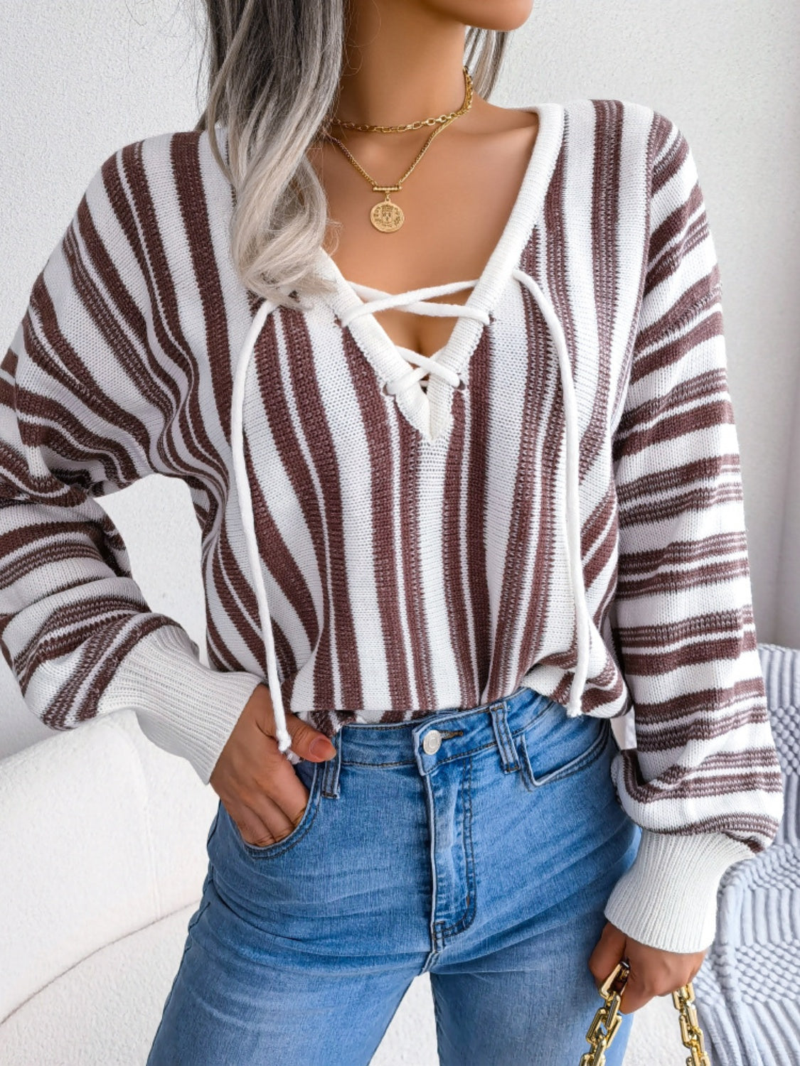 Striped Lace-Up Long Sleeve Sweater - The Goddess Galleries