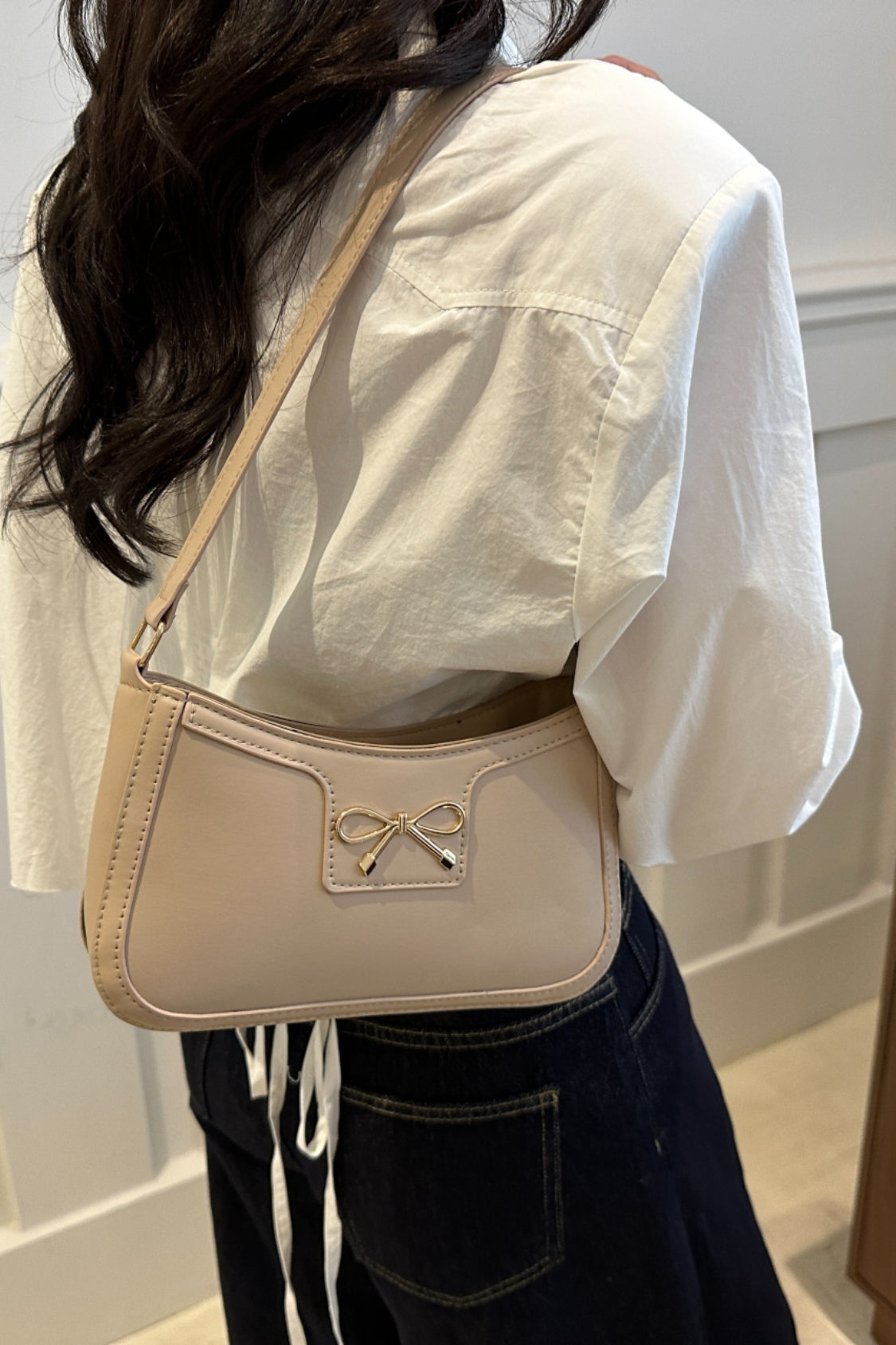 Bow Trim PU Leather Shoulder Bag - The Goddess Galleries