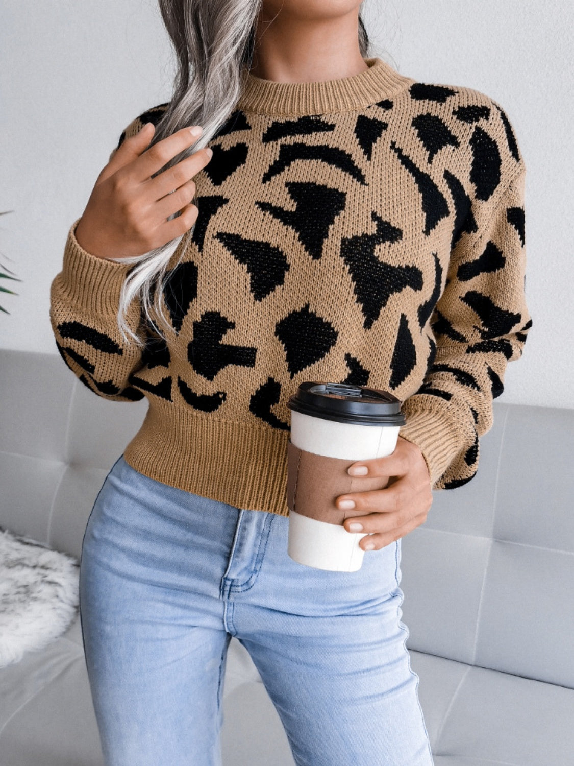 Leopard Round Neck Dropped Shoulder Sweater - The Goddess Galleries