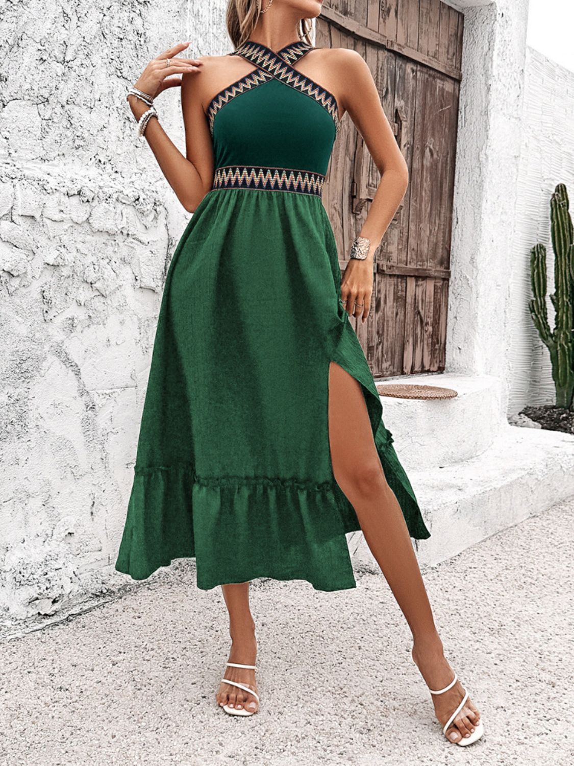 Devine Ruffled Slit Sleeveless Midi Dress - The Goddess Galleries