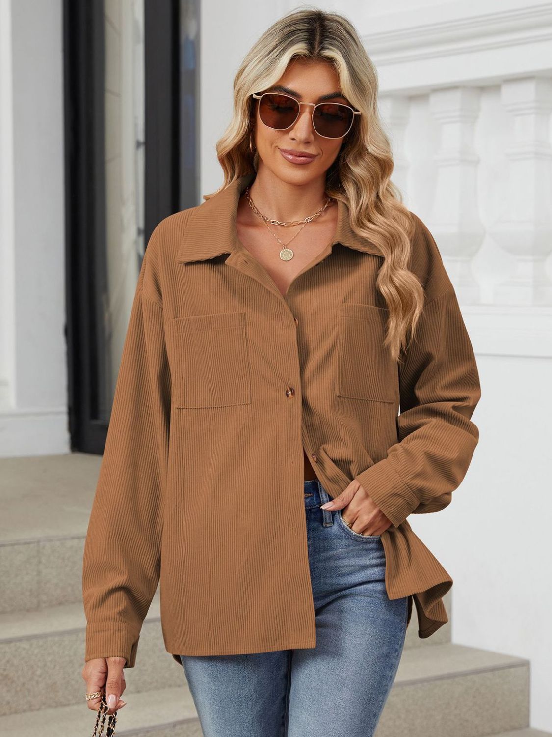 Button Up Long Sleeve Shirt with Breast Pockets - The Goddess Galleries