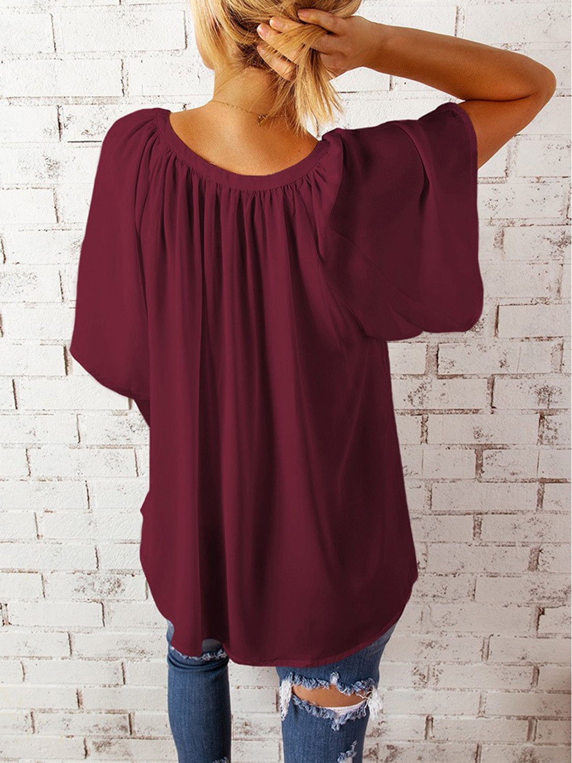 Ruched Notched Half Sleeve Blouse - The Goddess Galleries