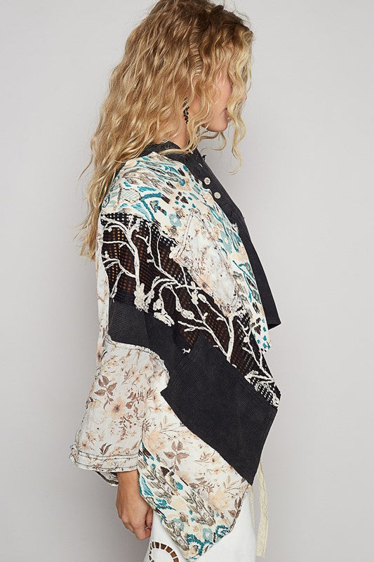 POL Crochet Patch Lace Detail Button Detail Floral Hooded Top - The Goddess Galleries