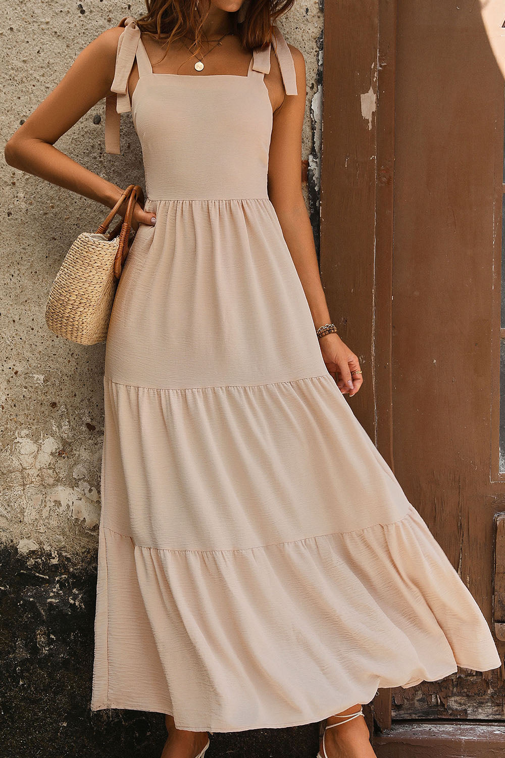 Perfee Tie Shoulder Smocked Tiered Dress - The Goddess Galleries