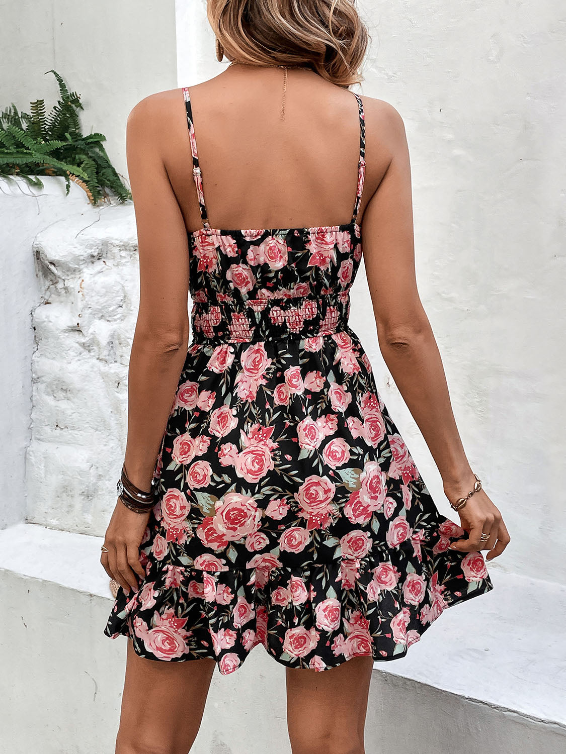 Perfee Tied Rose Print Spaghetti Strap Dress - The Goddess Galleries