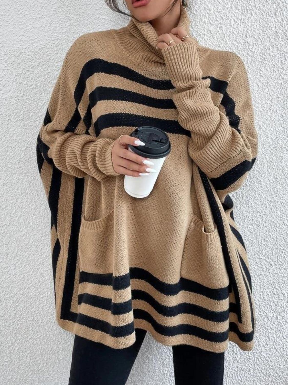 Striped Turtleneck Batwing Sleeve Sweater with Pockets - The Goddess Galleries