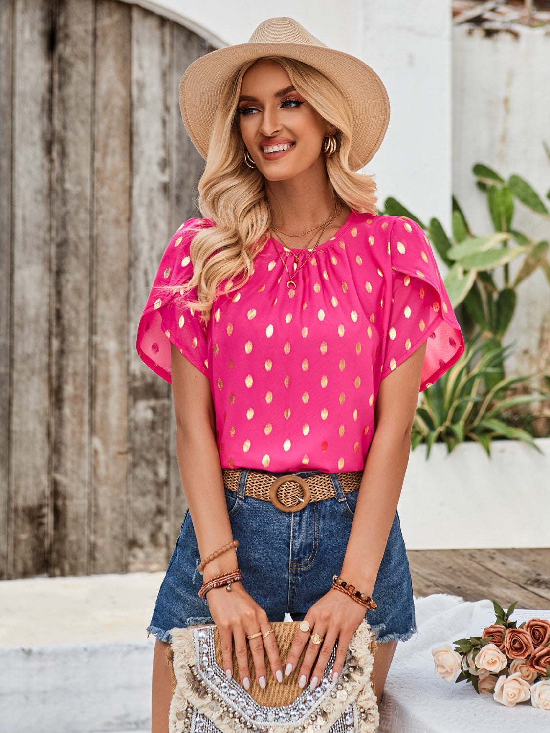 Printed Round Neck Petal Sleeve Blouse - The Goddess Galleries