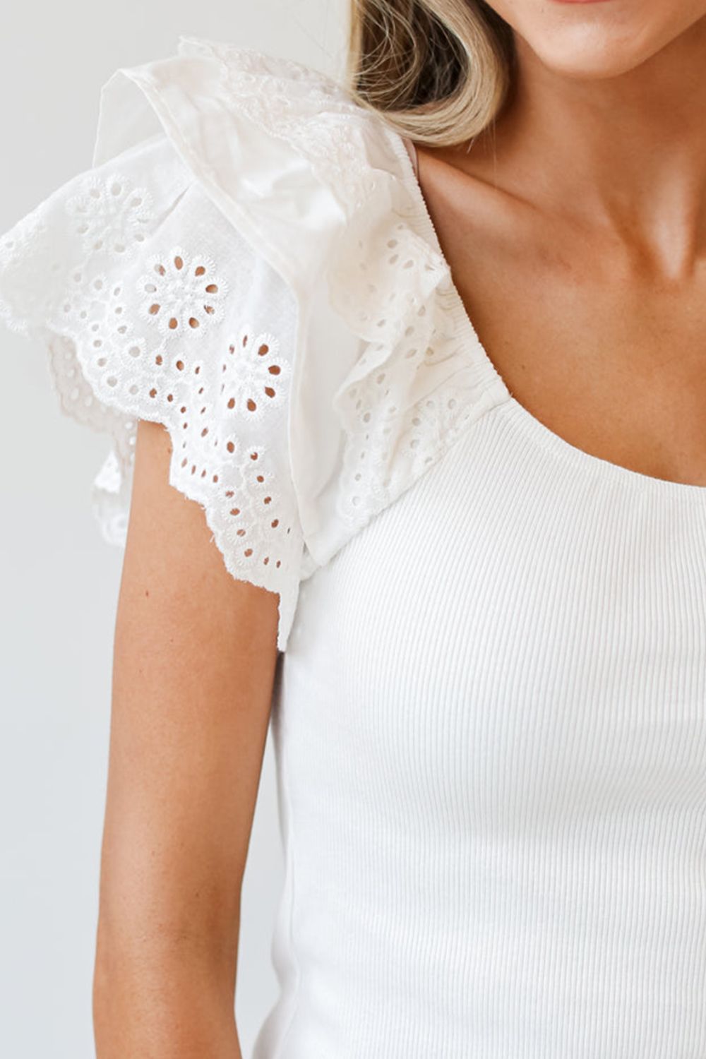 Eyelet Ruffle Sleeve Slim Top - The Goddess Galleries