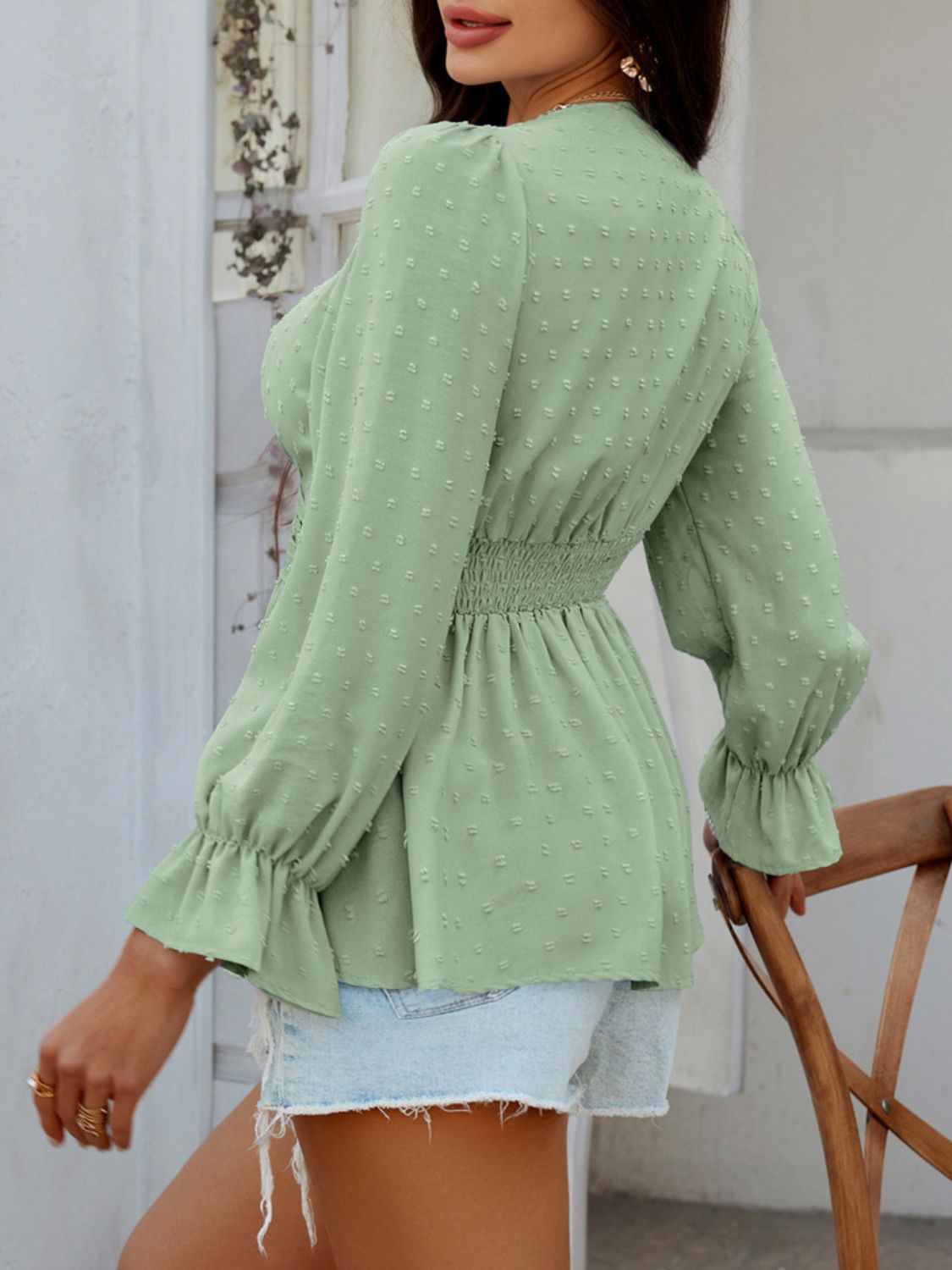 Devine Swiss Dot Lace Detail Surplice Flounce Sleeve Blouse - The Goddess Galleries