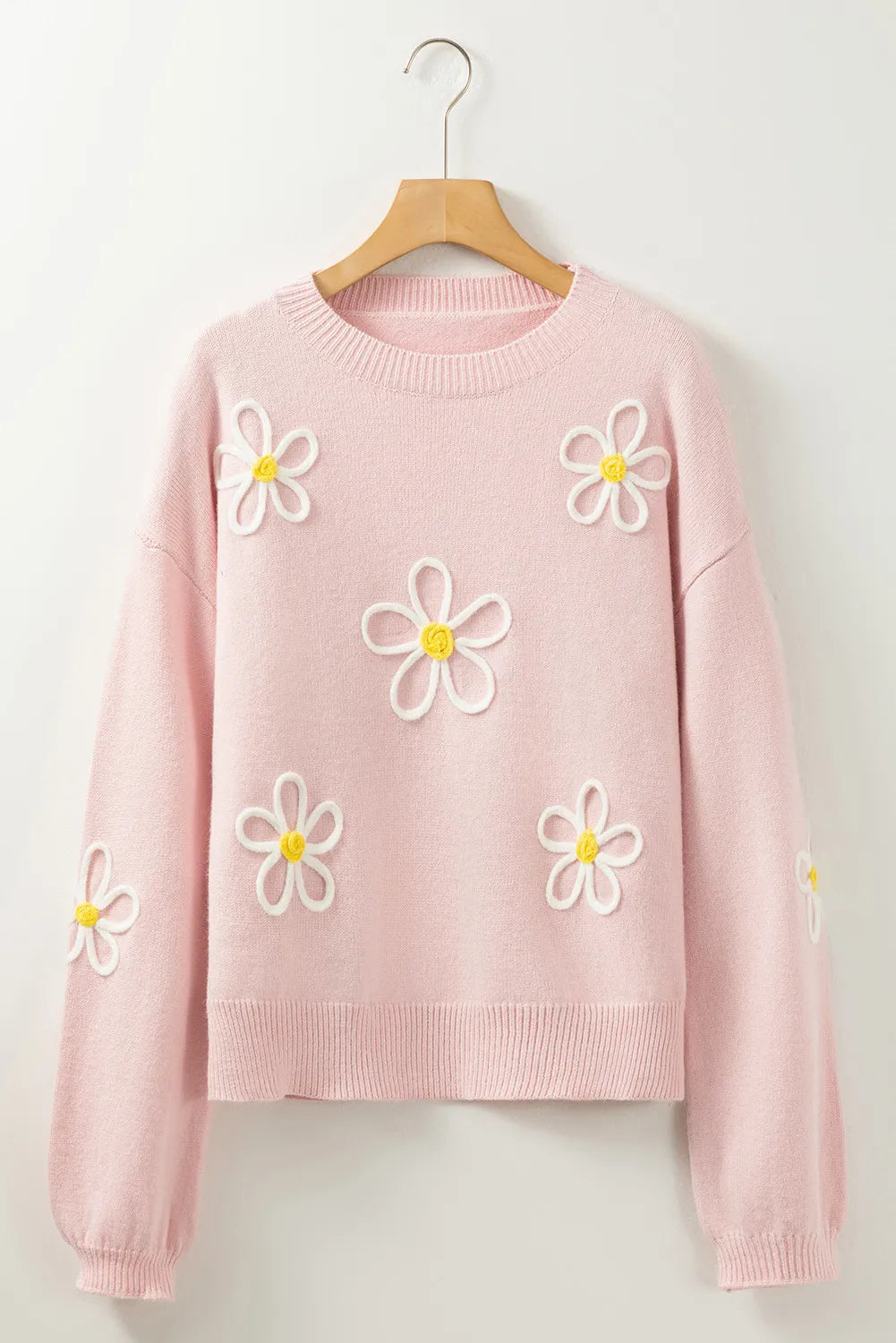 Flower Round Neck Dropped Shoulder Sweater - The Goddess Galleries