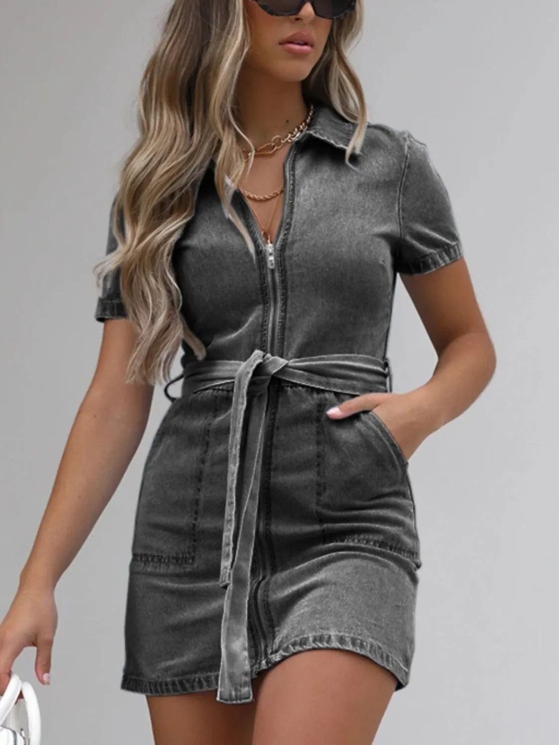 Full Size Zip Front Short Sleeve Denim Dress Plus Size - The Goddess Galleries