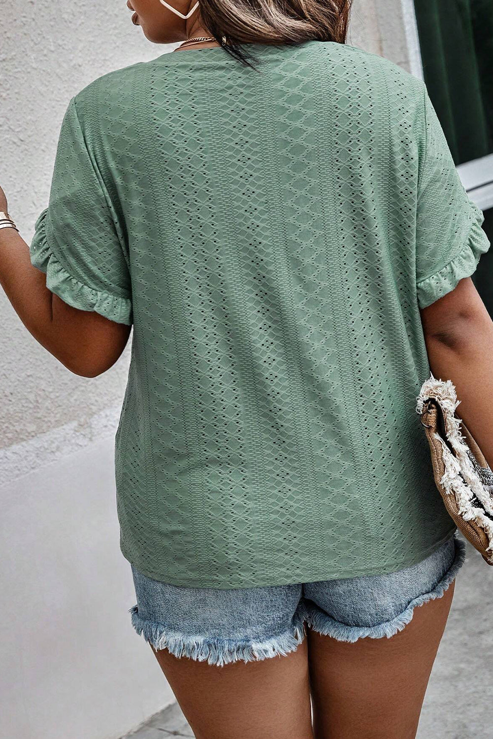 Plus Size Eyelet V-Neck Petal Sleeve Blouse - The Goddess Galleries