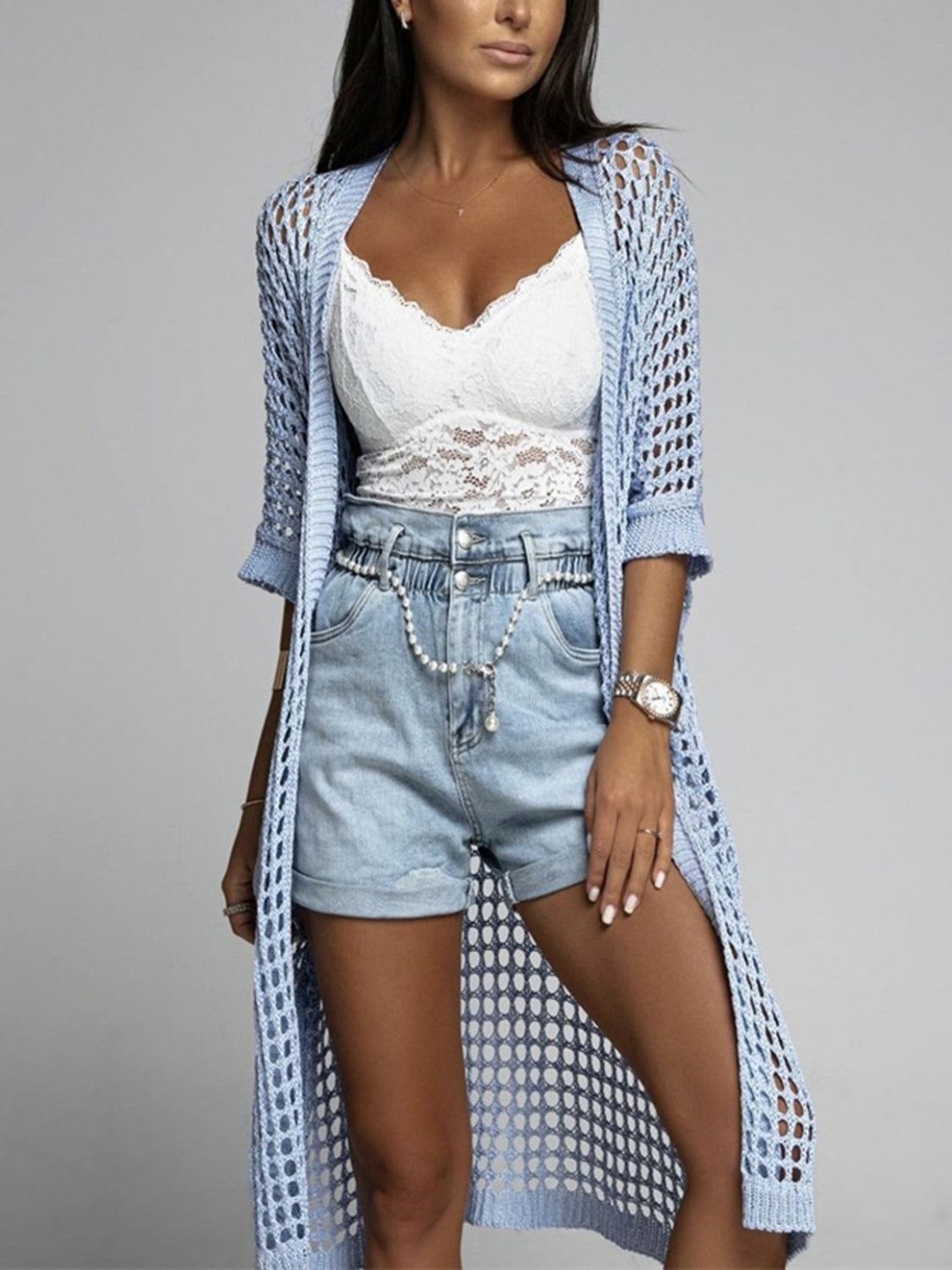 Openwork Open Front Three-Quarter Sleeve Cover Up - The Goddess Galleries