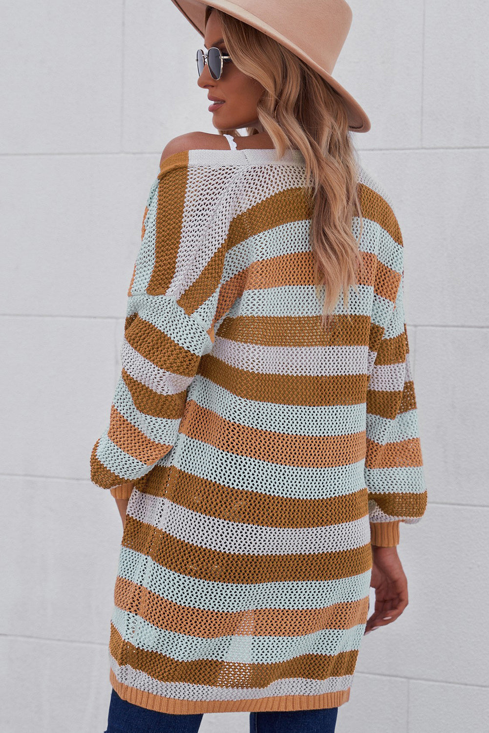 Full Size Striped Long Sleeve Openwork Cardigan - The Goddess Galleries