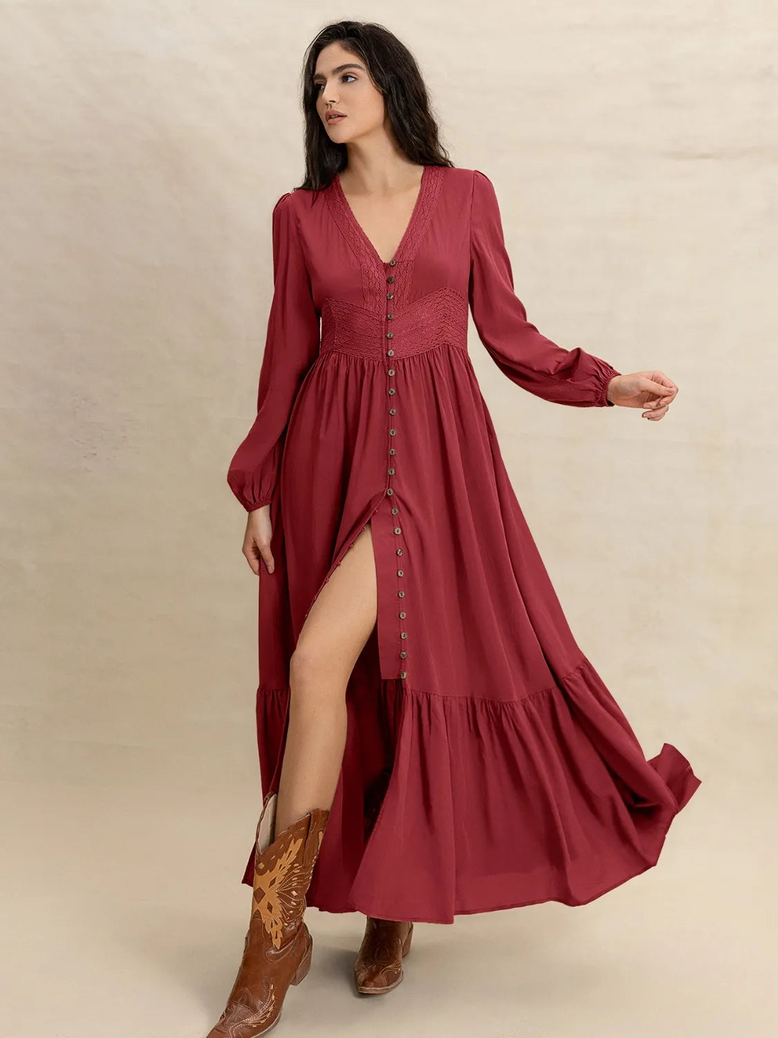 V-Neck Balloon Sleeve Ruffled Hem Maxi Dress - The Goddess Galleries