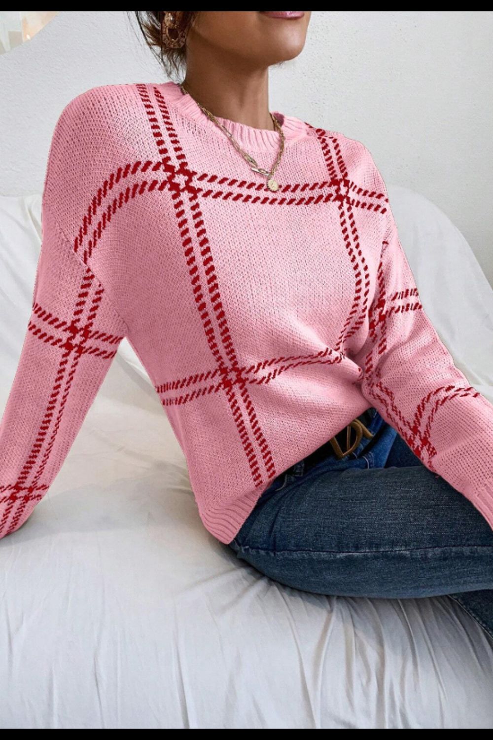 Contrast Round Neck Long Sleeve Sweater - The Goddess Galleries