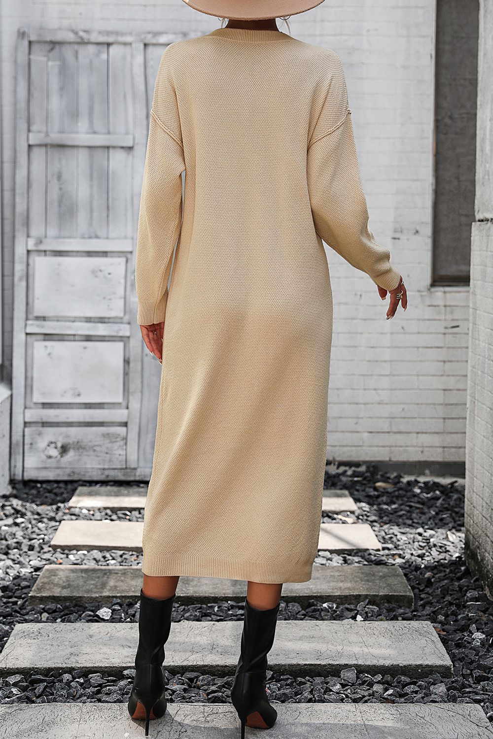 Decorative Button Notched Dropped Shoulder Sweater Dress - The Goddess Galleries