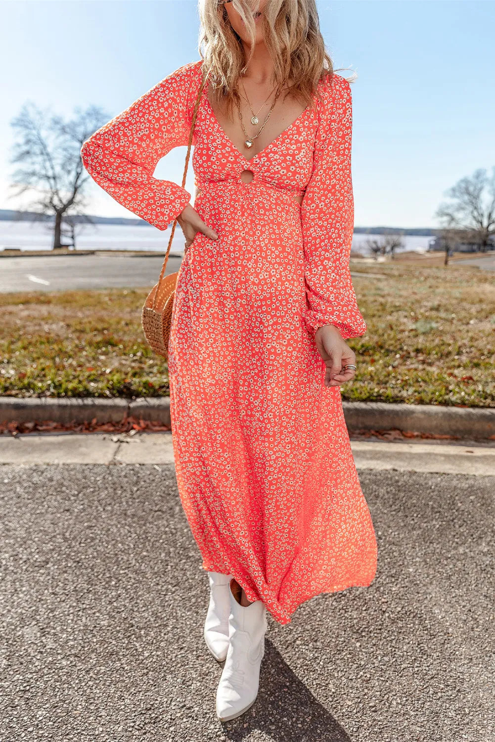 Printed V-Neck Long Sleeve Midi Dress - The Goddess Galleries