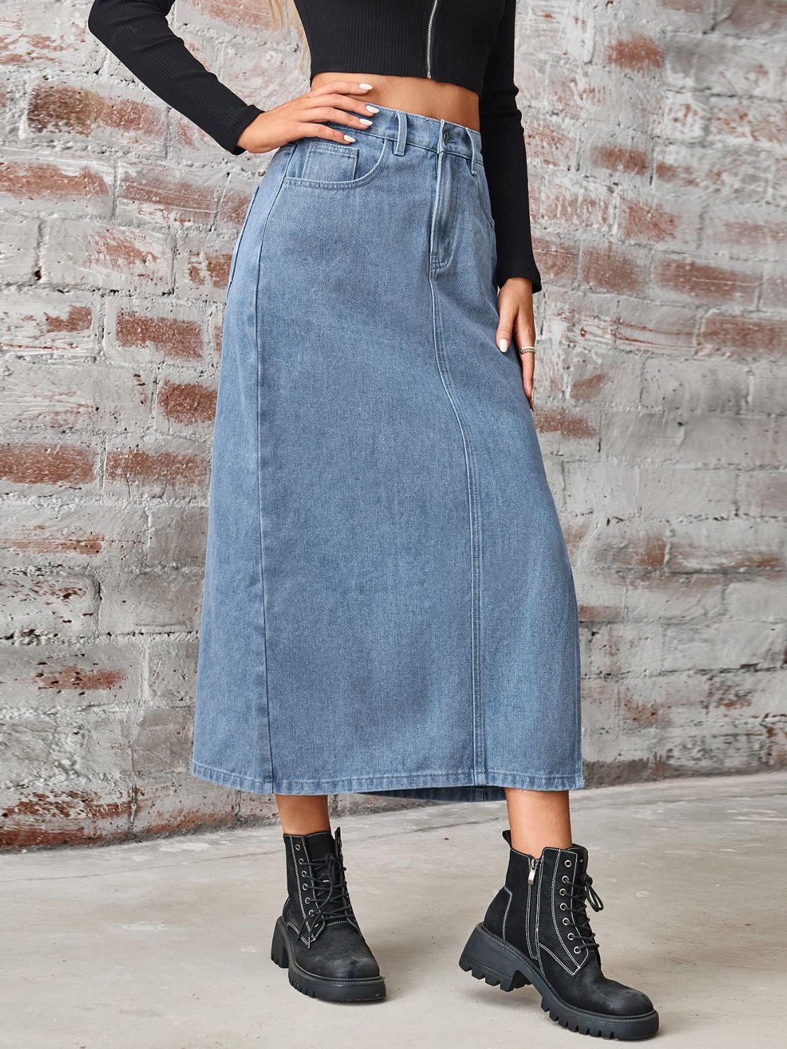 Slit High Waist Denim Skirt with Pockets - The Goddess Galleries