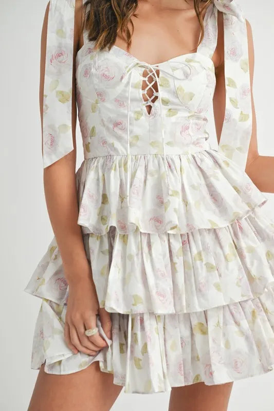 MABLE Floral Print Shoulder Tie Layered Mini Dress - The Goddess Galleries