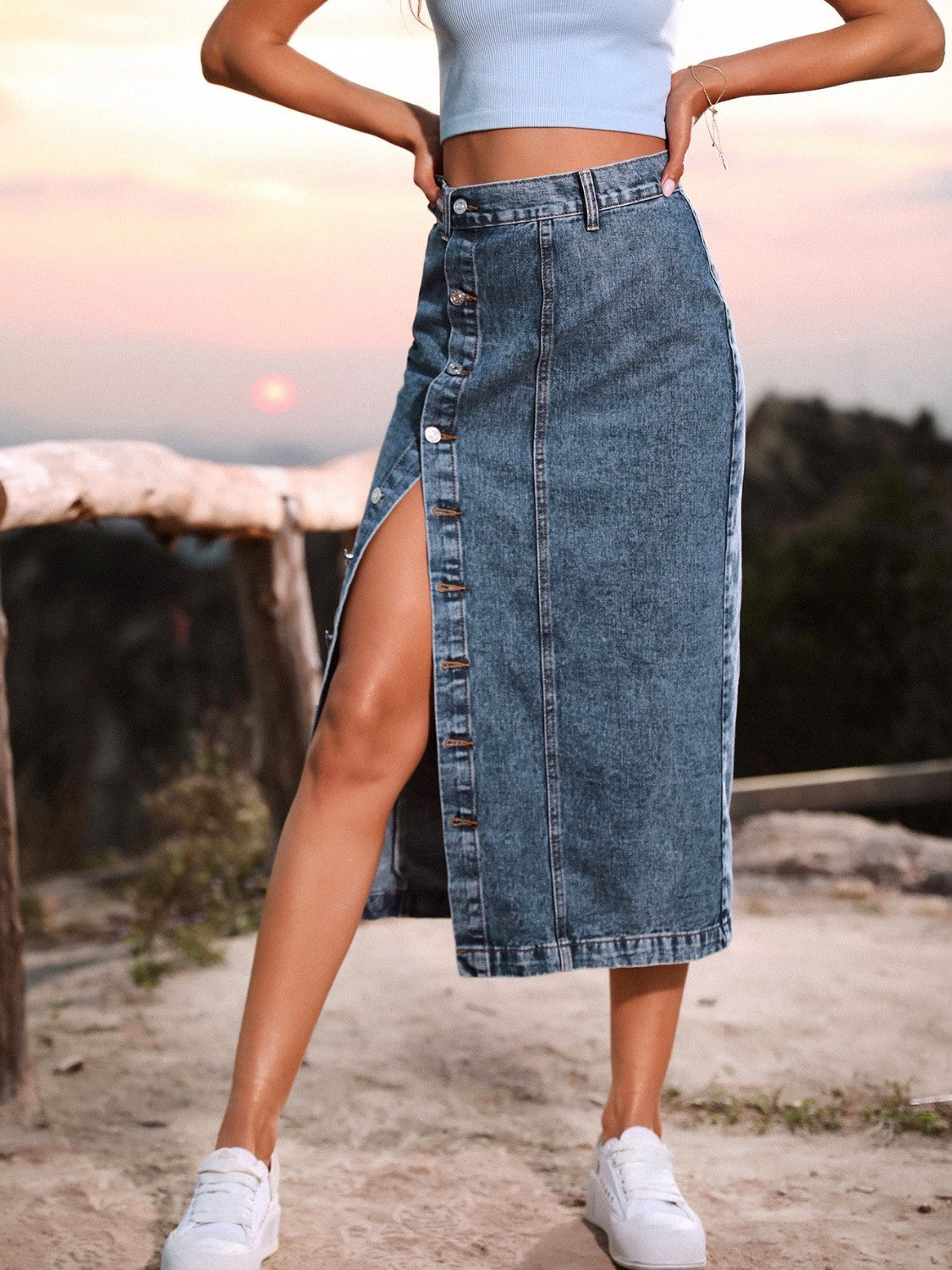 Button Down Denim Skirt - The Goddess Galleries