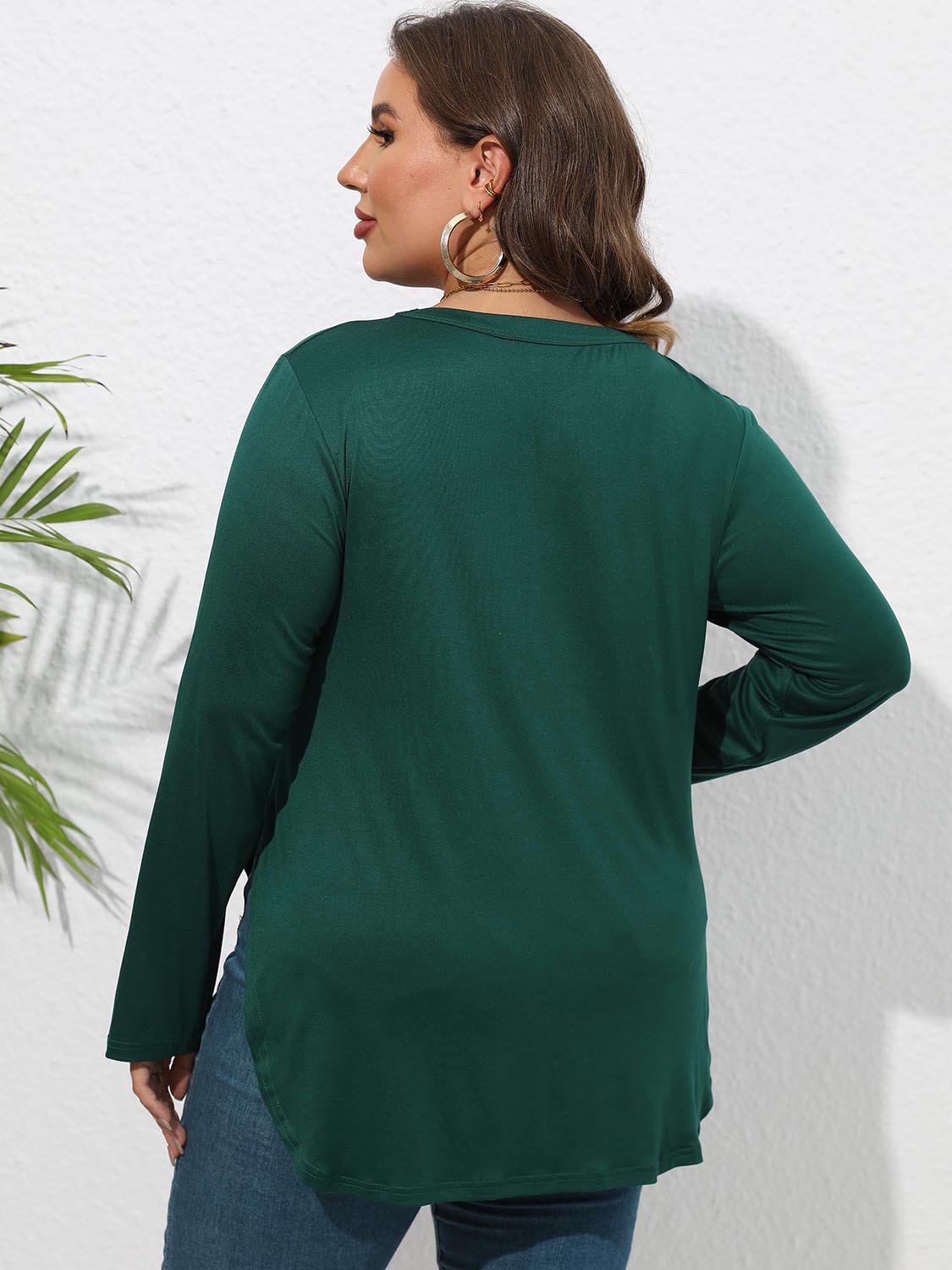 Plus Size Round Neck Long Sleeve Slit T-Shirt - The Goddess Galleries