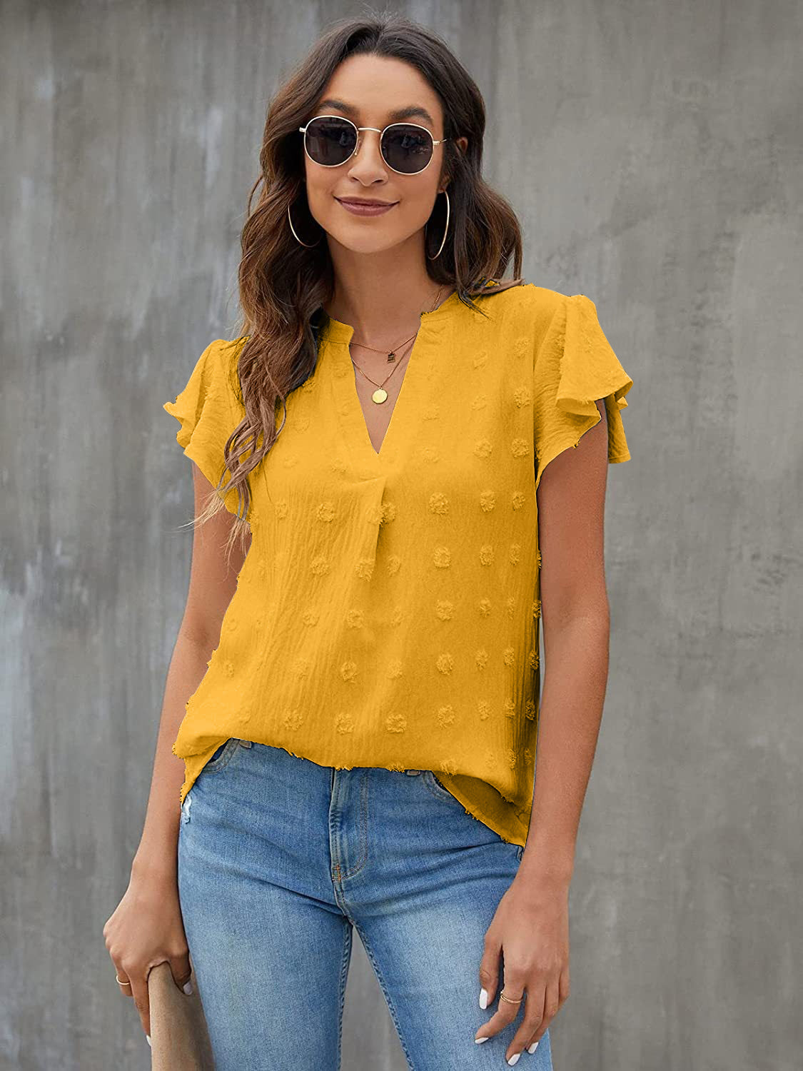 Swiss Dot Notched Flutter Sleeve Blouse - The Goddess Galleries