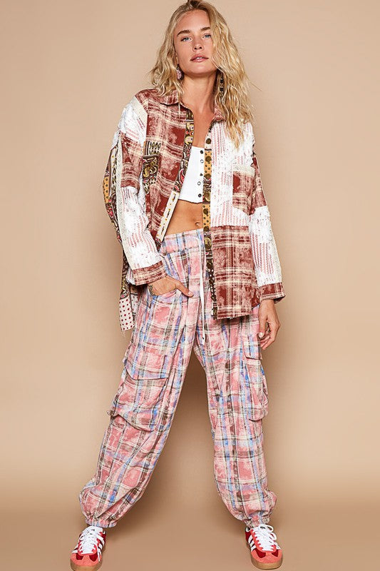 POL Crochet Plaid Patchwork Button Up Shirt - The Goddess Galleries