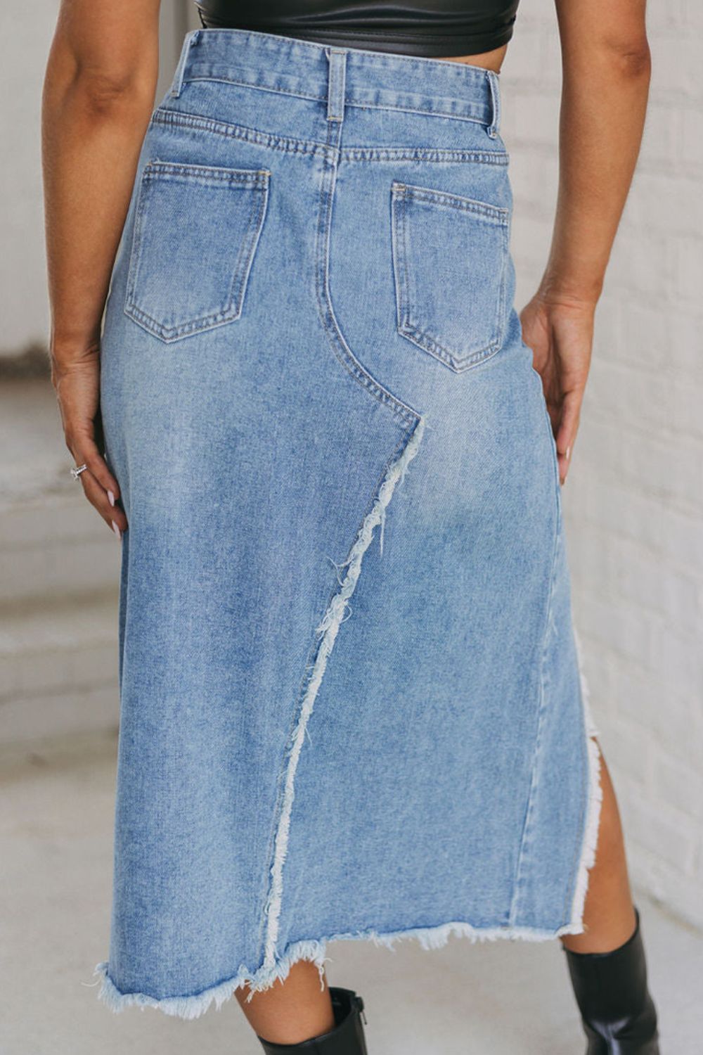 Raw Hem Slit Denim Skirt with Pockets - The Goddess Galleries