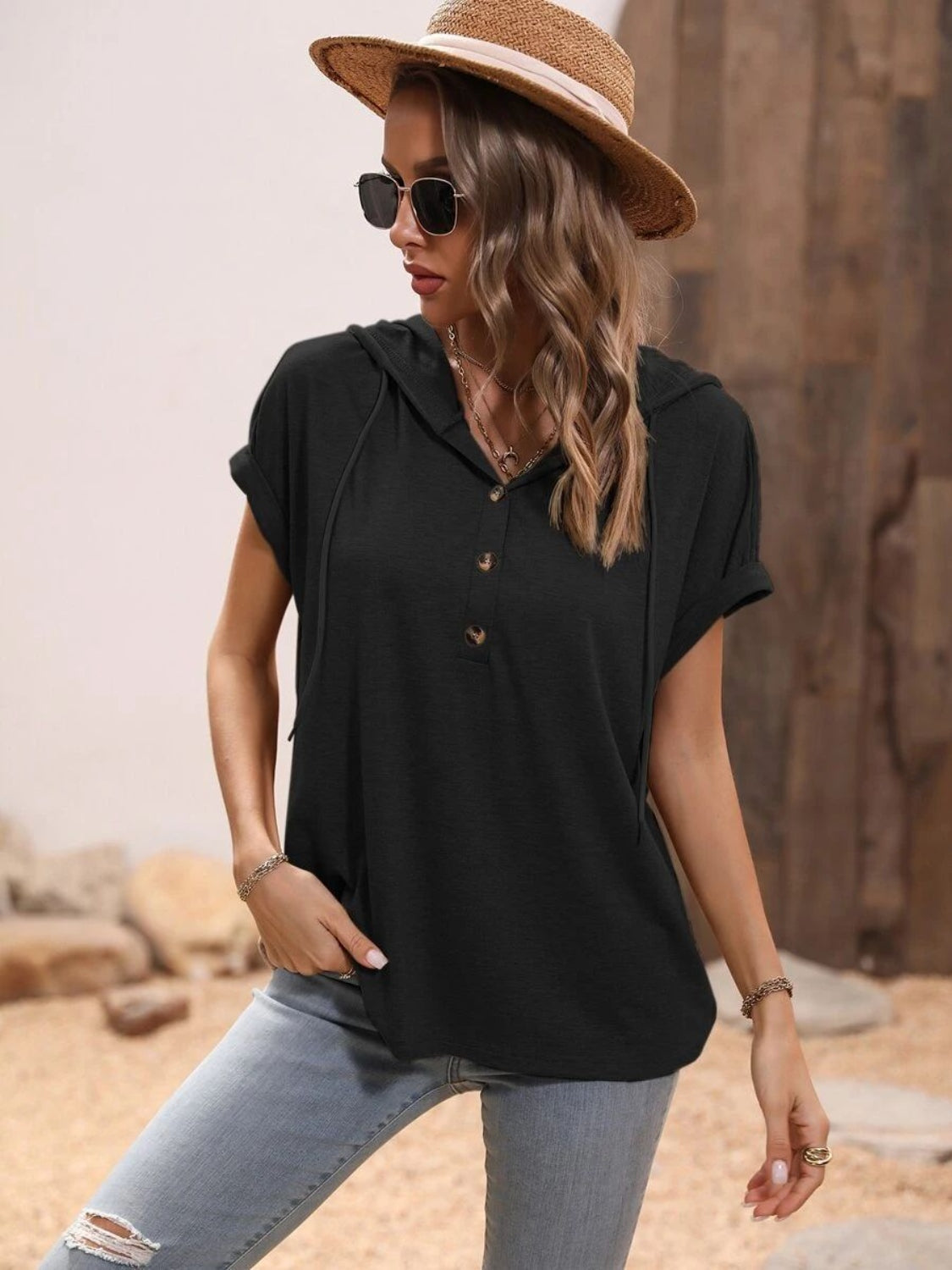 Half Button Hooded Short Sleeve Blouse - The Goddess Galleries