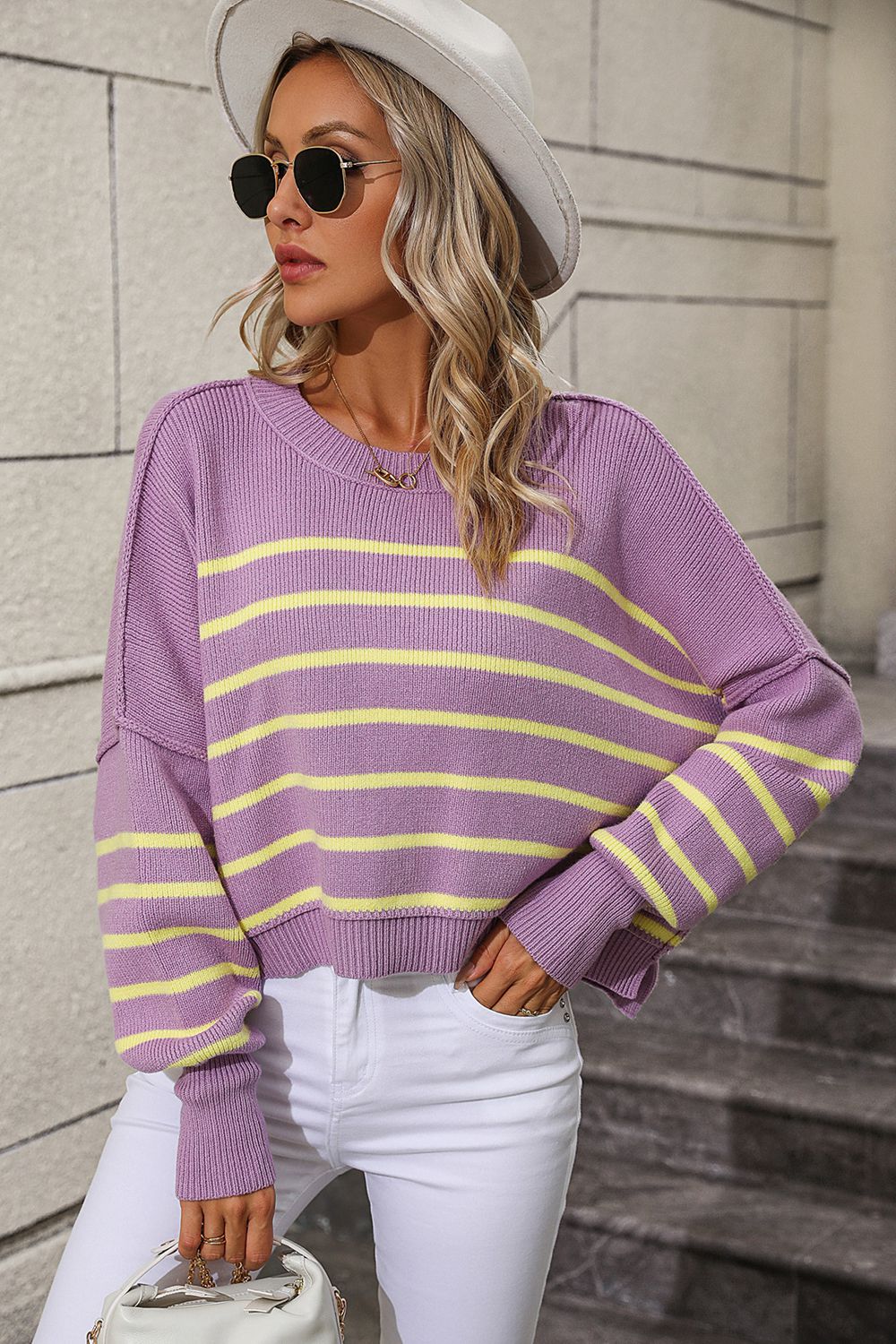 Striped Dropped Shoulder Round Neck Pullover Sweater - The Goddess Galleries