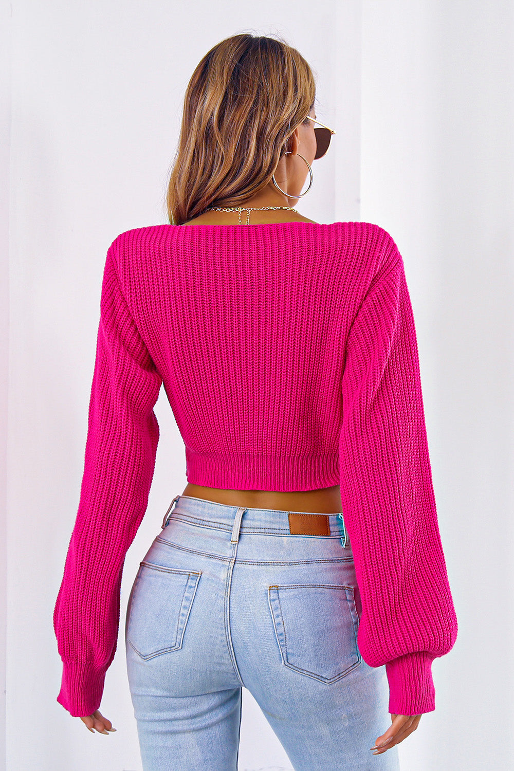 Bow V-Neck Long Sleeve Cropped Sweater - The Goddess Galleries